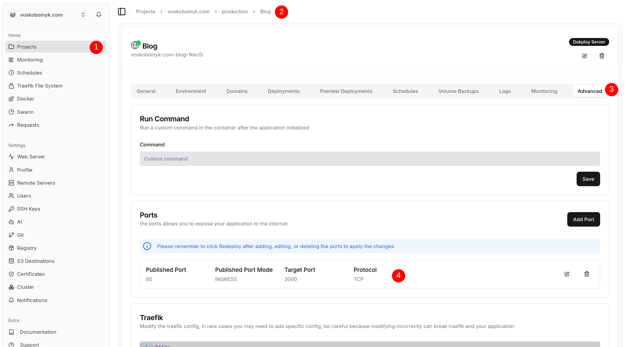 Image showing port mapping section in Dokploy App's advanced settings