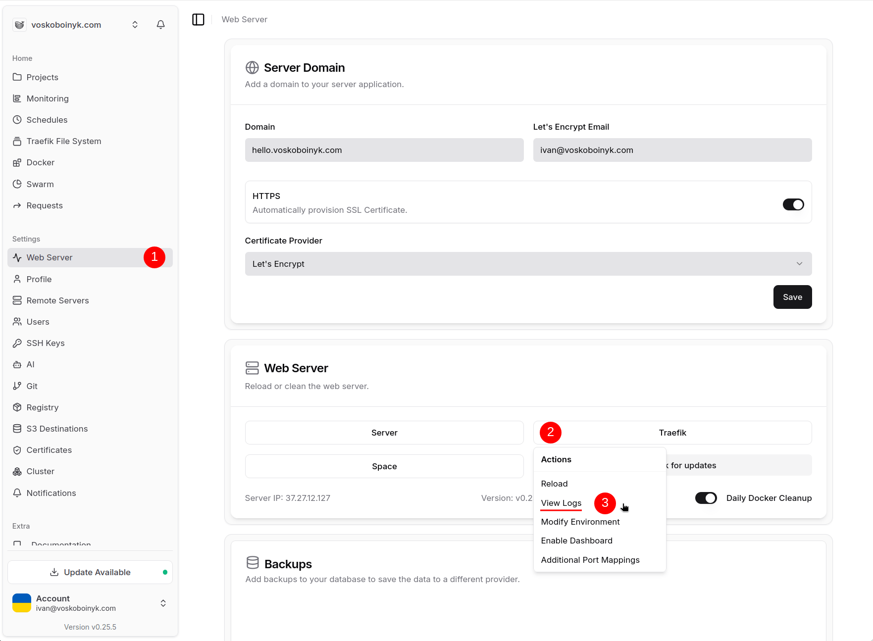 Image showing how to access Traefik logs in Dokploy UI