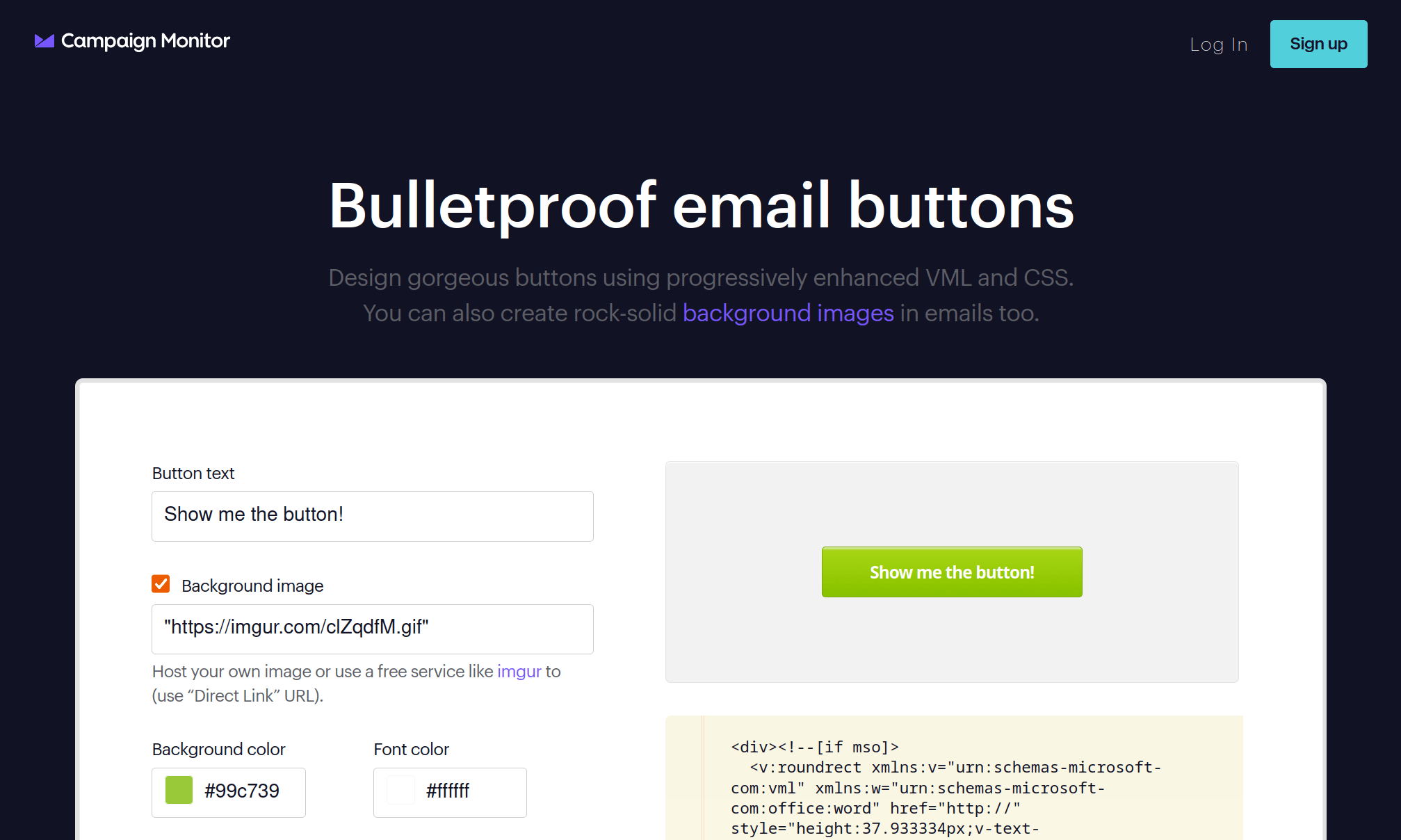 Image showing the landing page of Campaign Monitor's Bulletproof Email Buttons project.