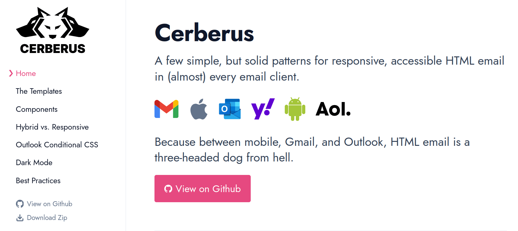 Image showing the landing page of the Cerberus Email project.