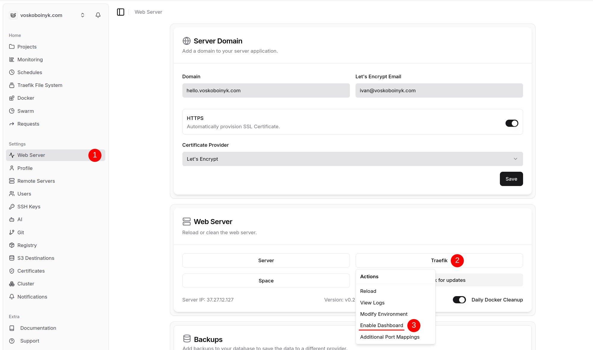 Image showing how to enable Traefik Dashboard in Dokploy UI