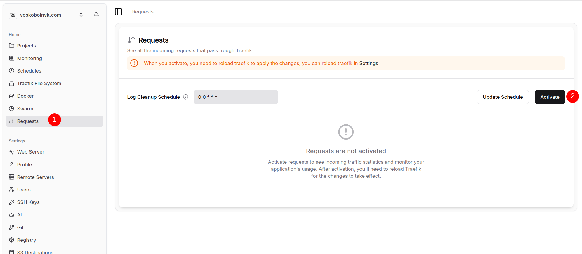 Image showing how to enable Request logs in Dokploy UI